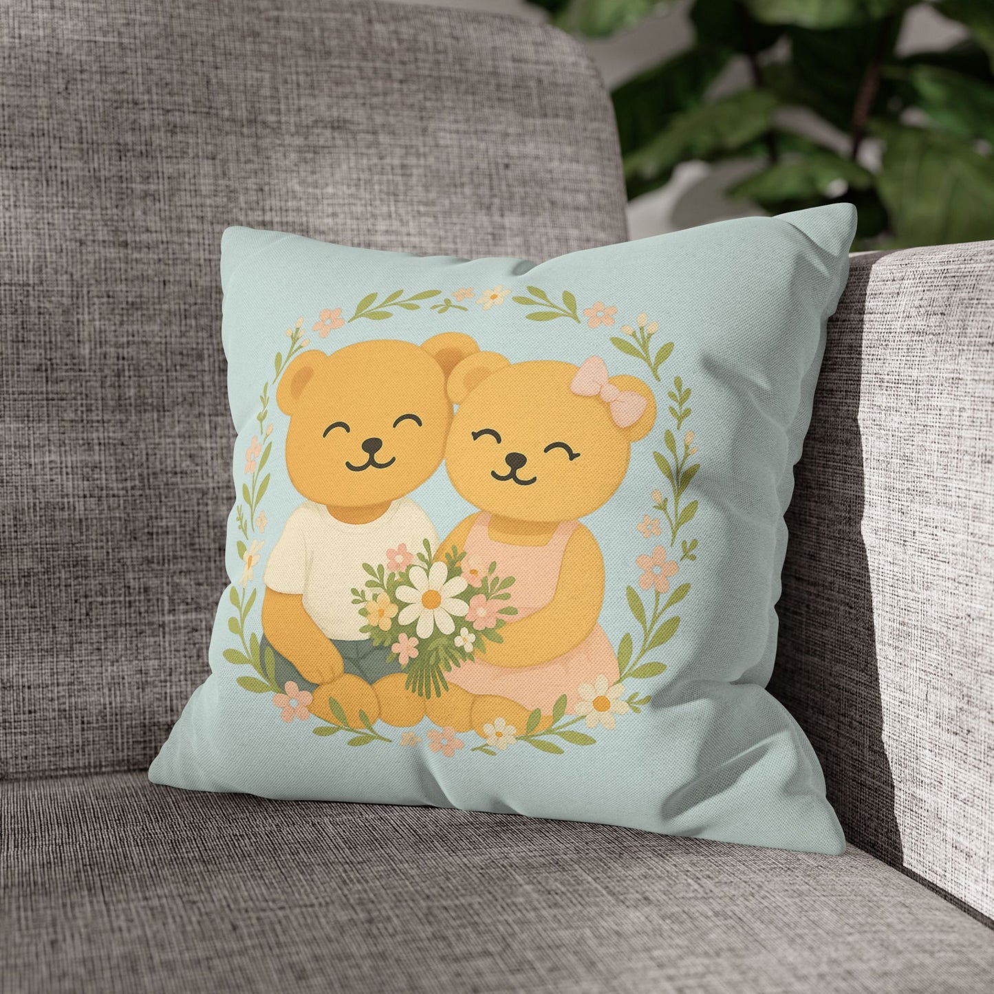Tiny Flower Shop Pillowcase – Cute Bear Cushion Cover for Cozy Decor
