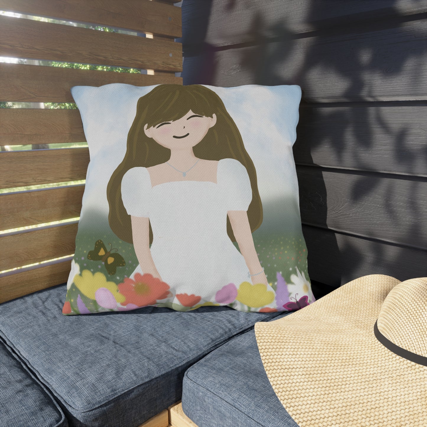 Whimsical Outdoor Patio Pillow - Floral Design with Happy Girl