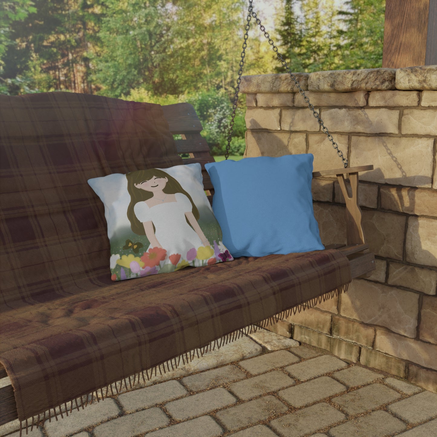 Whimsical Outdoor Patio Pillow - Floral Design with Happy Girl