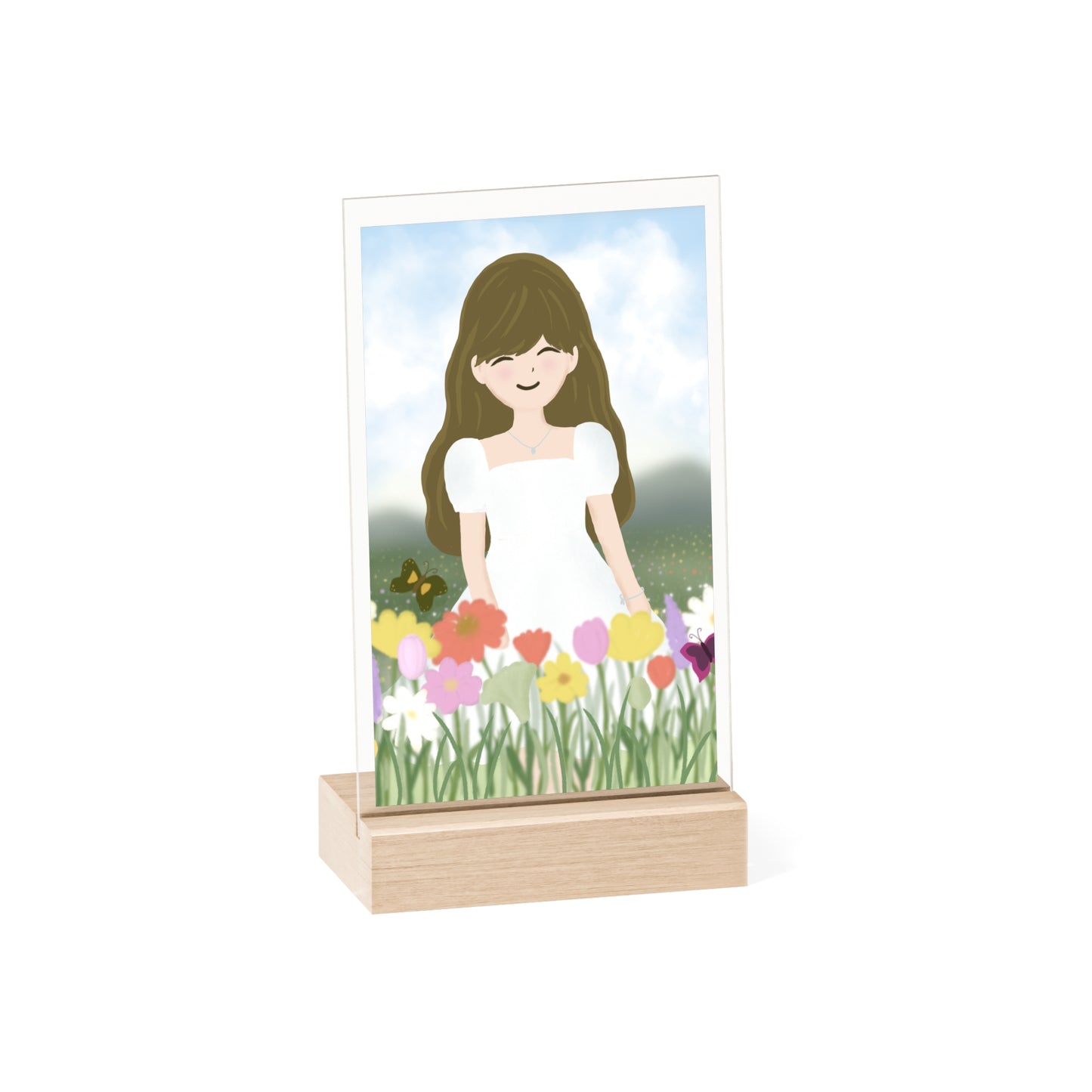 Whimsical Acrylic Sign with Wooden Stand - Floral Girl Design