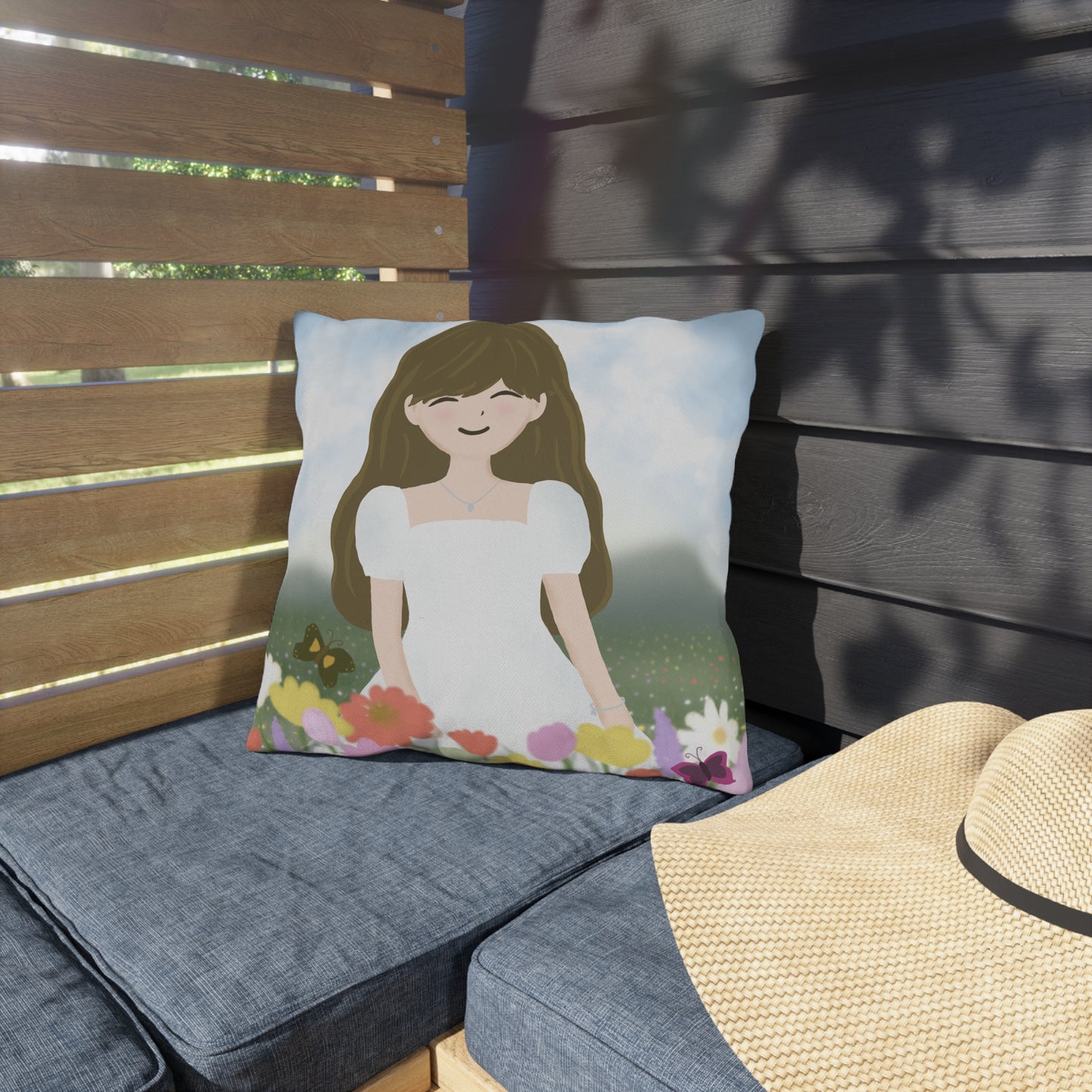Whimsical Outdoor Patio Pillow - Floral Design with Happy Girl