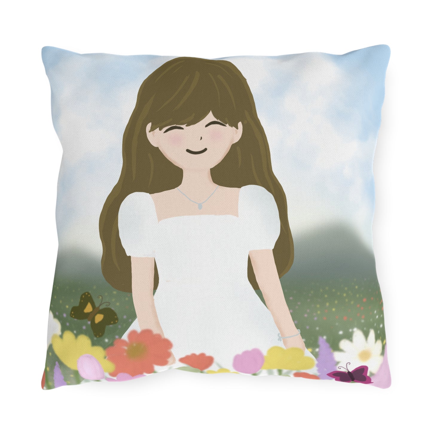 Whimsical Outdoor Patio Pillow - Floral Design with Happy Girl