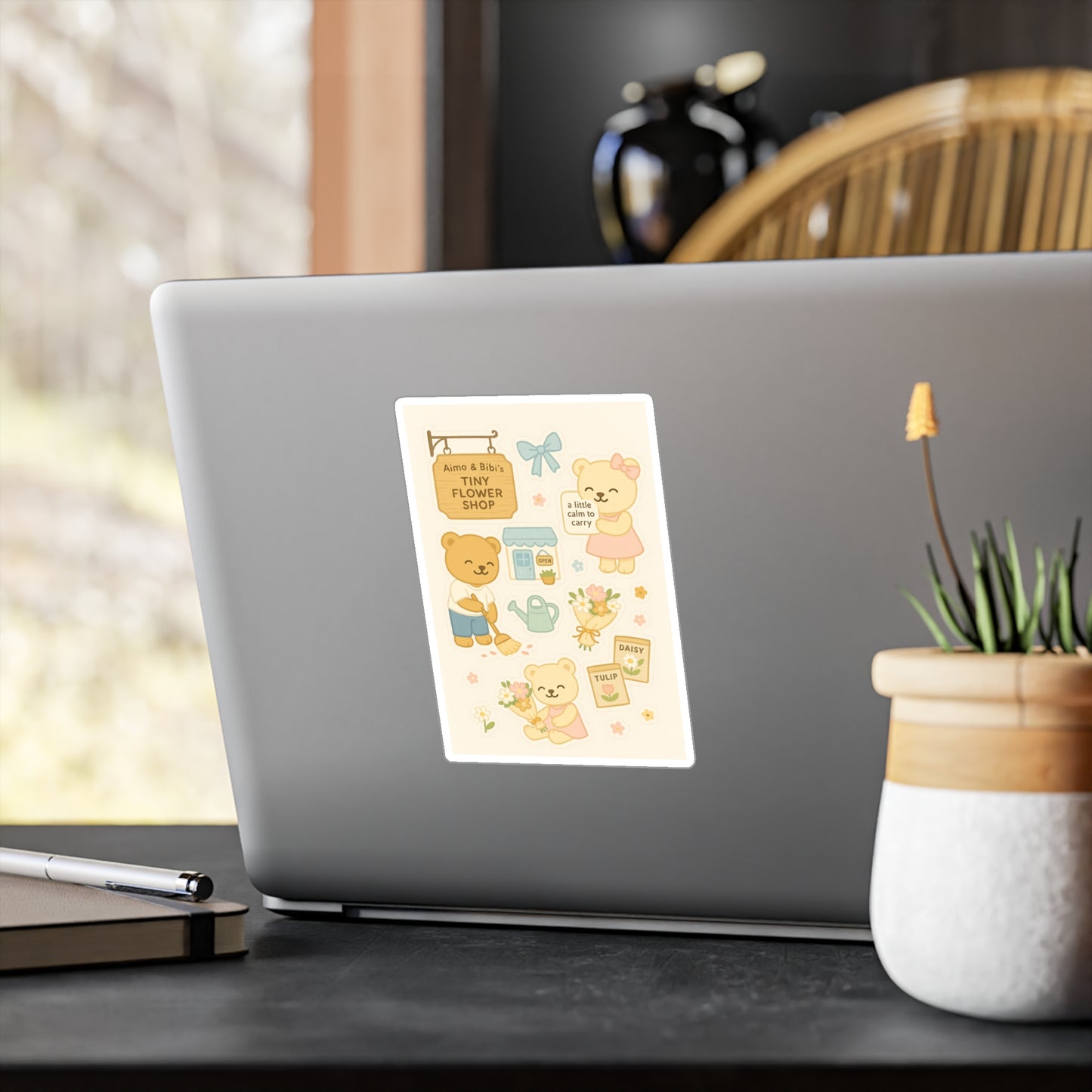Tiny Flower Shop Bear Stickers – Cute Floral Kiss-Cut Vinyl Decals