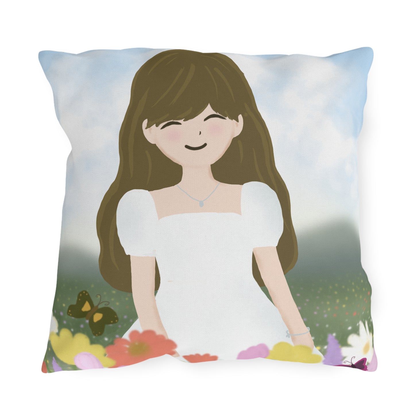 Whimsical Outdoor Patio Pillow - Floral Design with Happy Girl