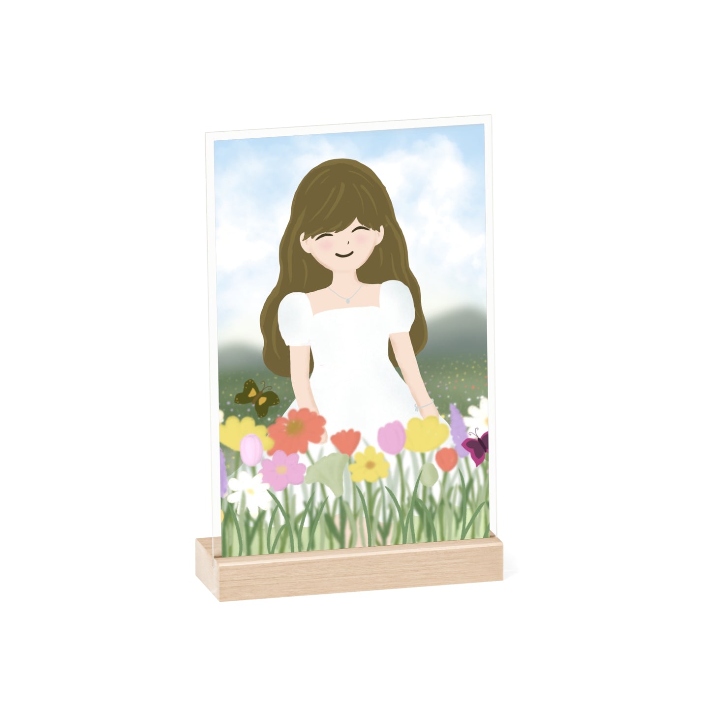 Whimsical Acrylic Sign with Wooden Stand - Floral Girl Design