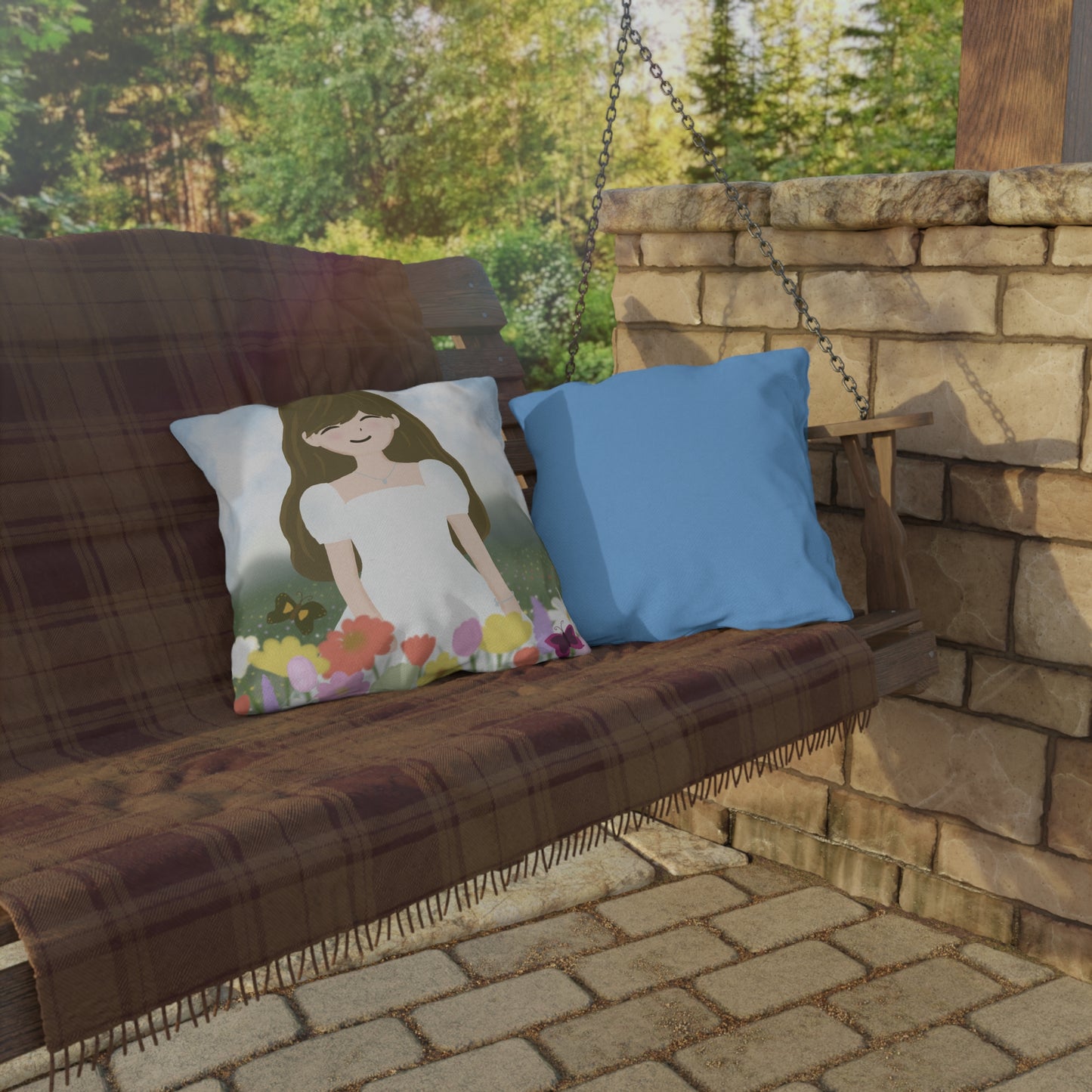 Whimsical Outdoor Patio Pillow - Floral Design with Happy Girl
