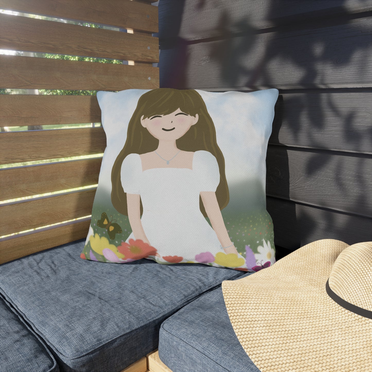 Whimsical Outdoor Patio Pillow - Floral Design with Happy Girl