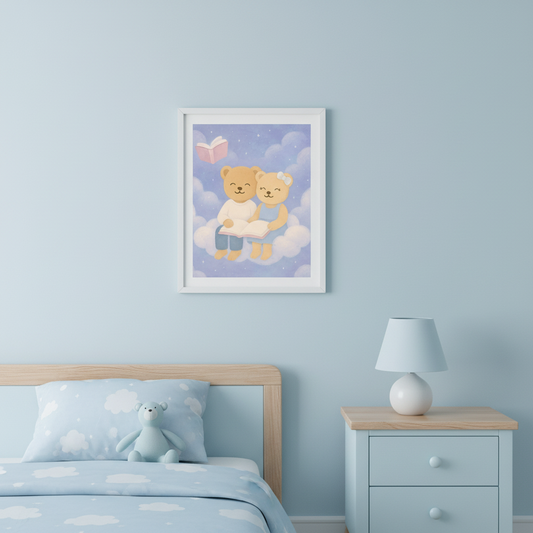 Children's bedroom with teddy bear-themed wall art, bedding, and nightstand.