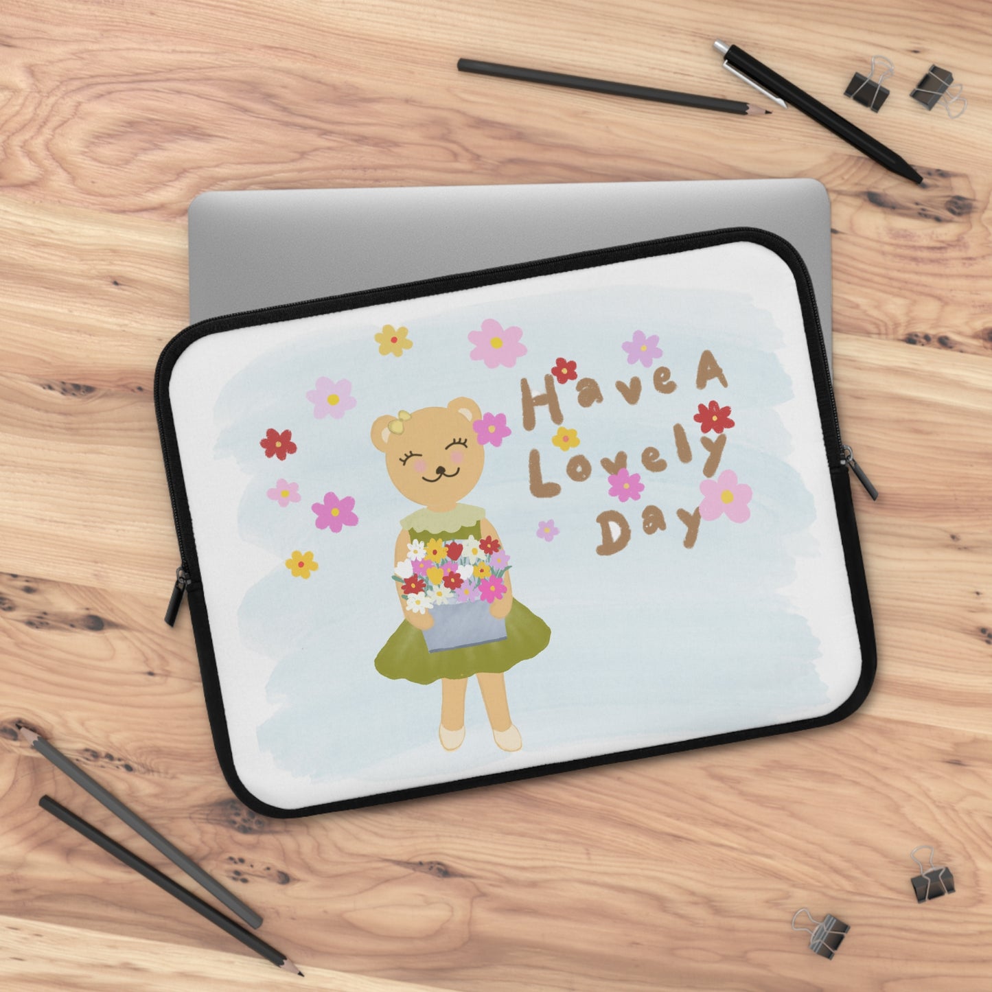 Cute Floral Bear Laptop Sleeve - "Have a Lovely Day"