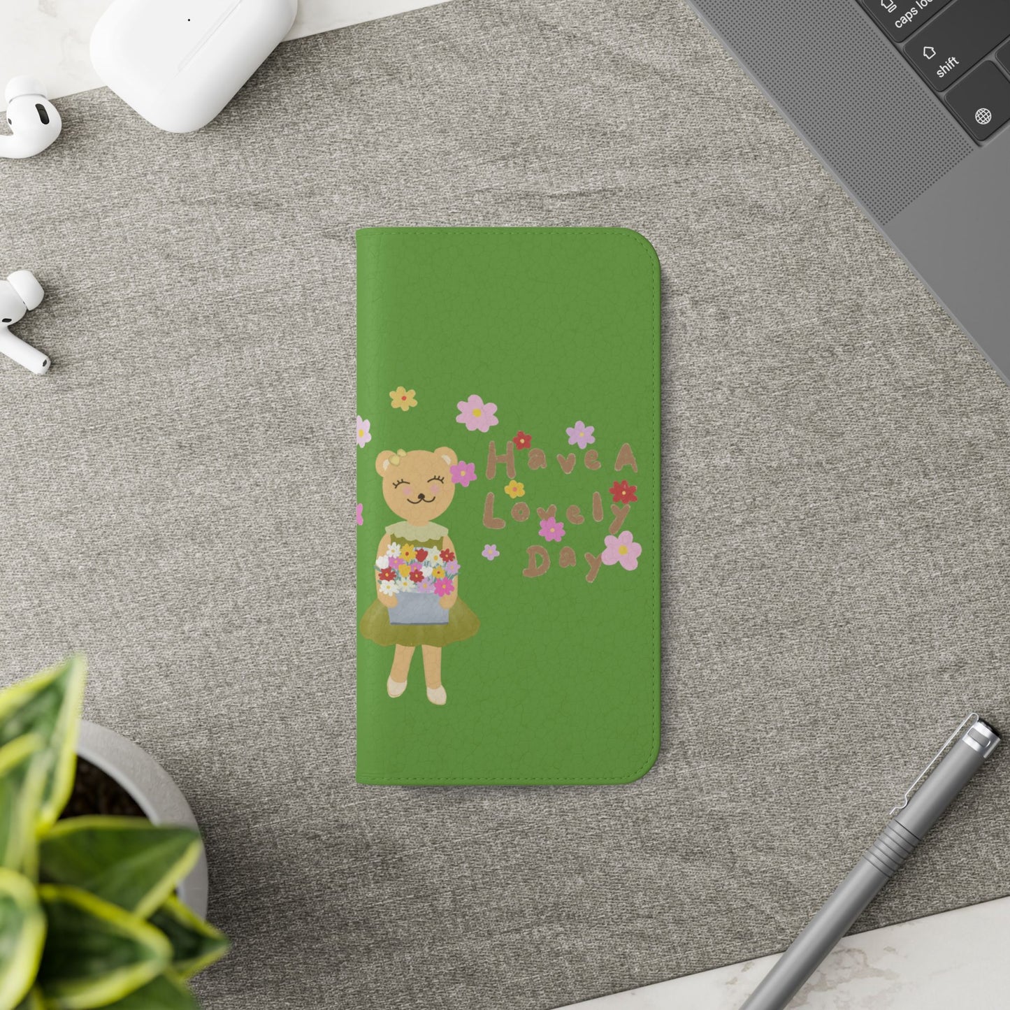 Lovely Day Flip Case for iPhone & Samsung - Cute Floral Bear Design (Green)