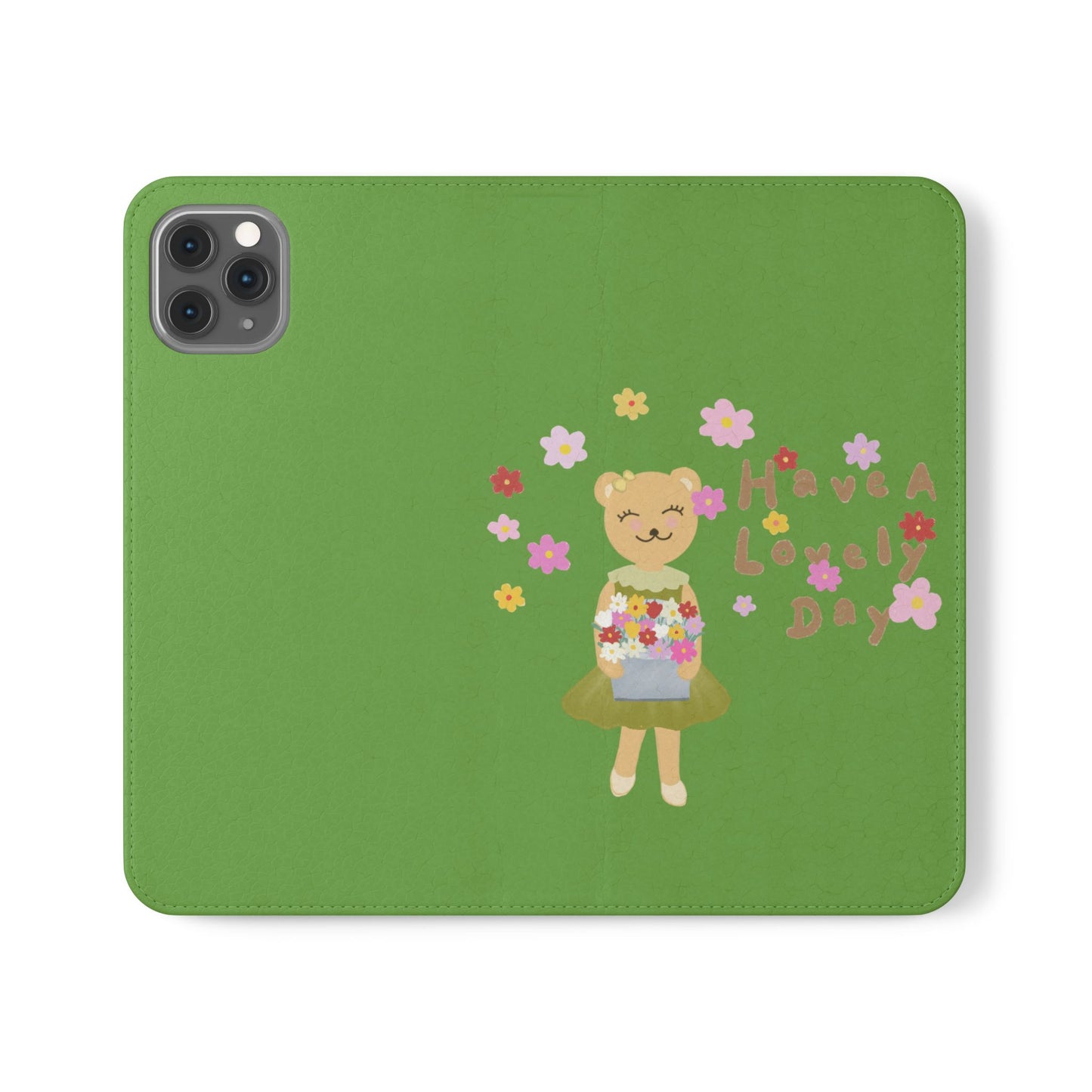 Lovely Day Flip Case for iPhone & Samsung - Cute Floral Bear Design (Green)