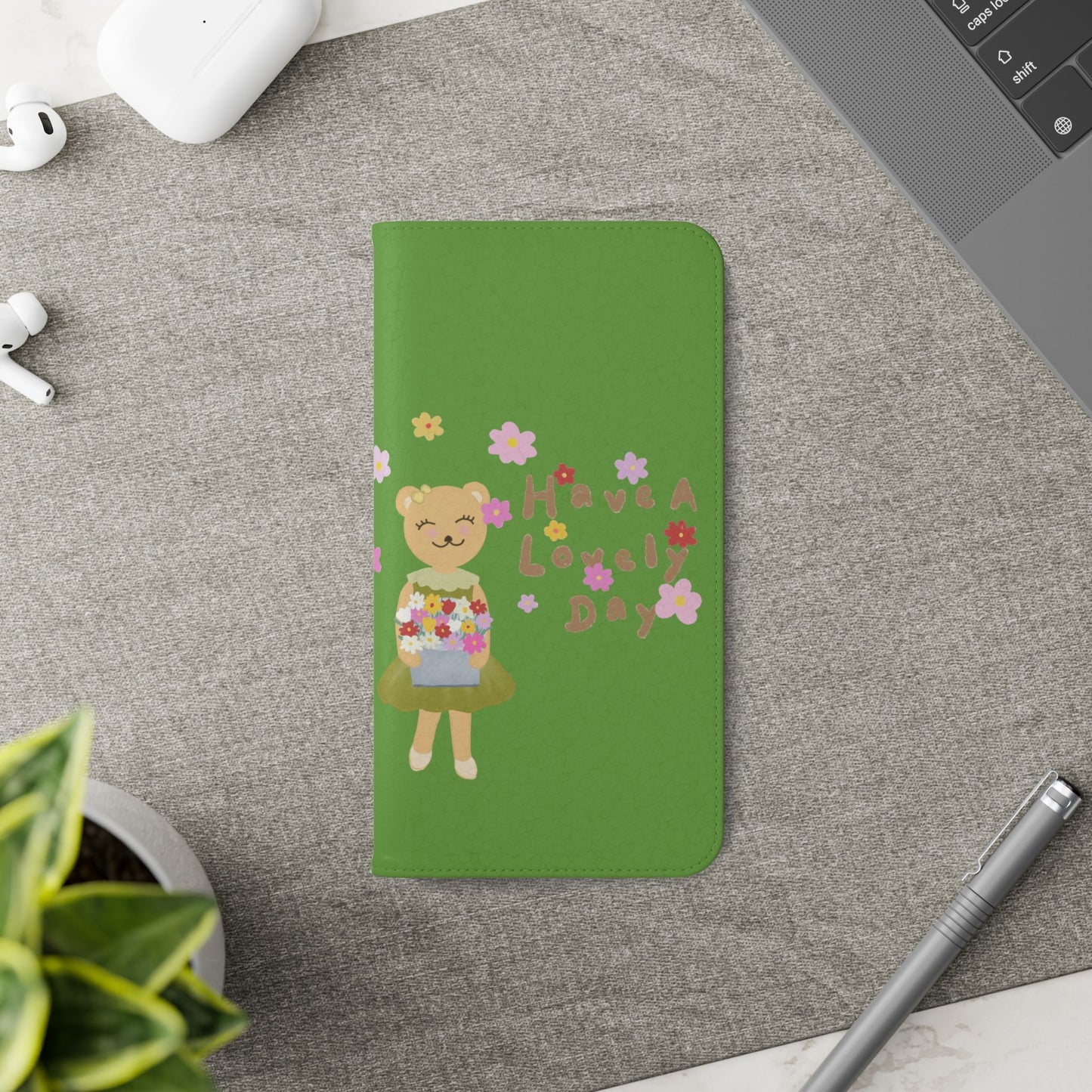Lovely Day Flip Case for iPhone & Samsung - Cute Floral Bear Design (Green)