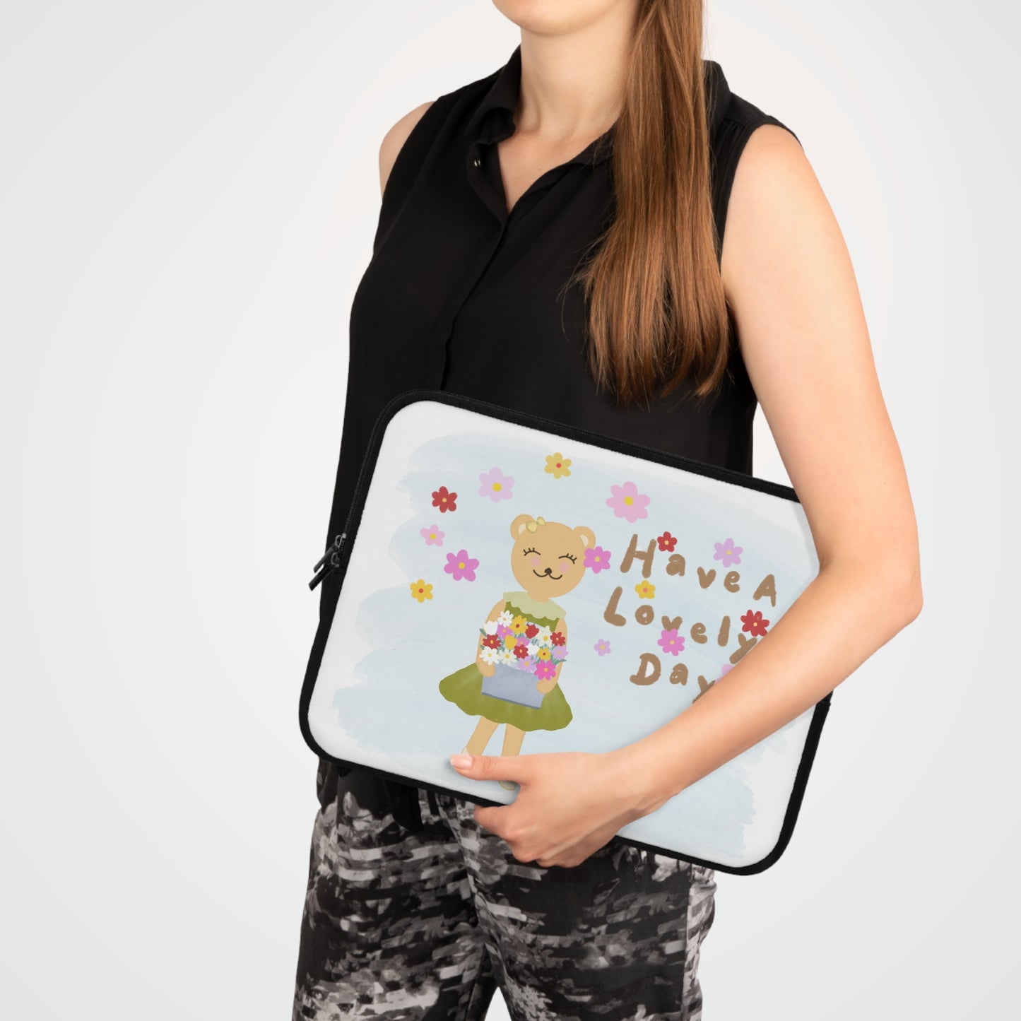 Cute Floral Bear Laptop Sleeve - "Have a Lovely Day"