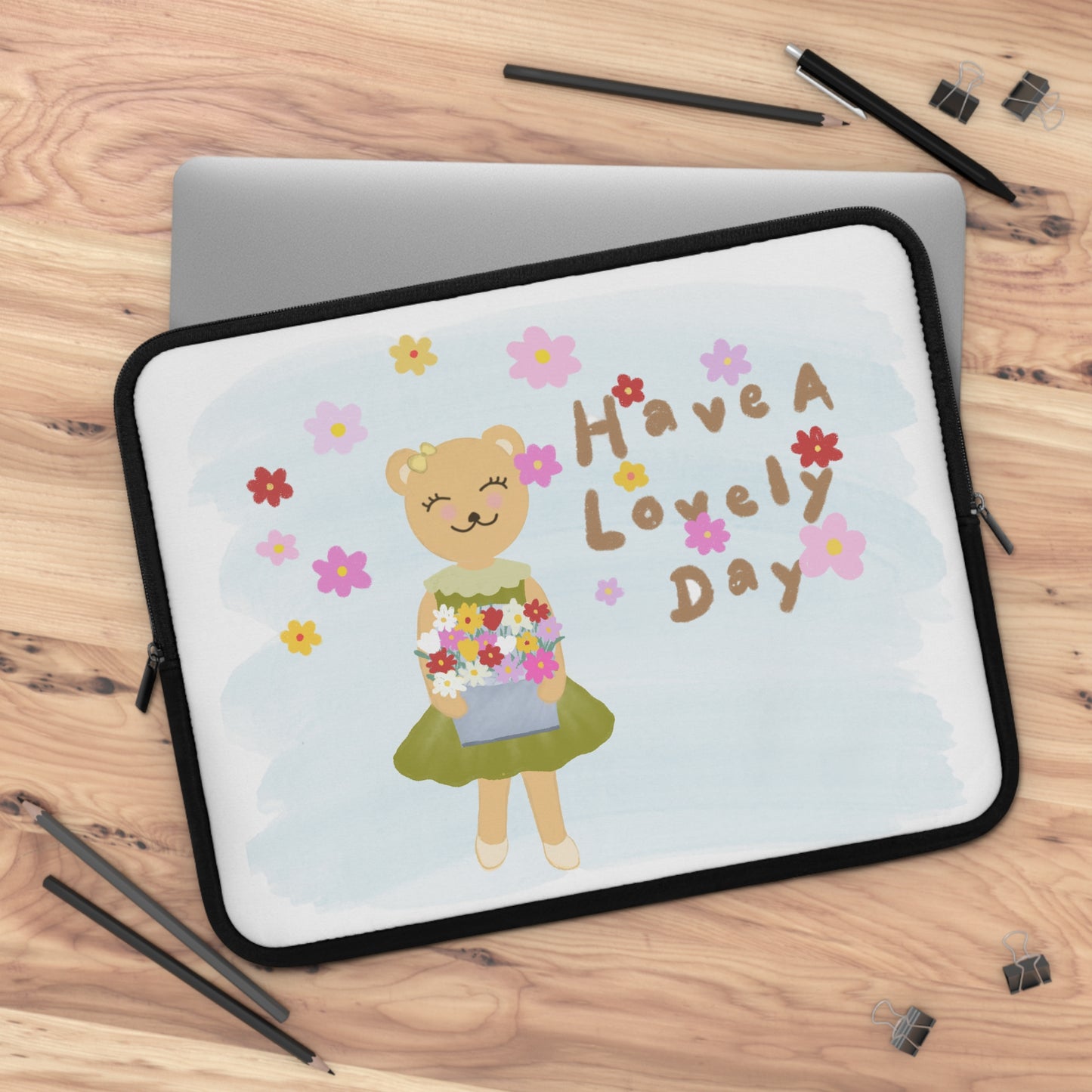 Cute Floral Bear Laptop Sleeve - "Have a Lovely Day"