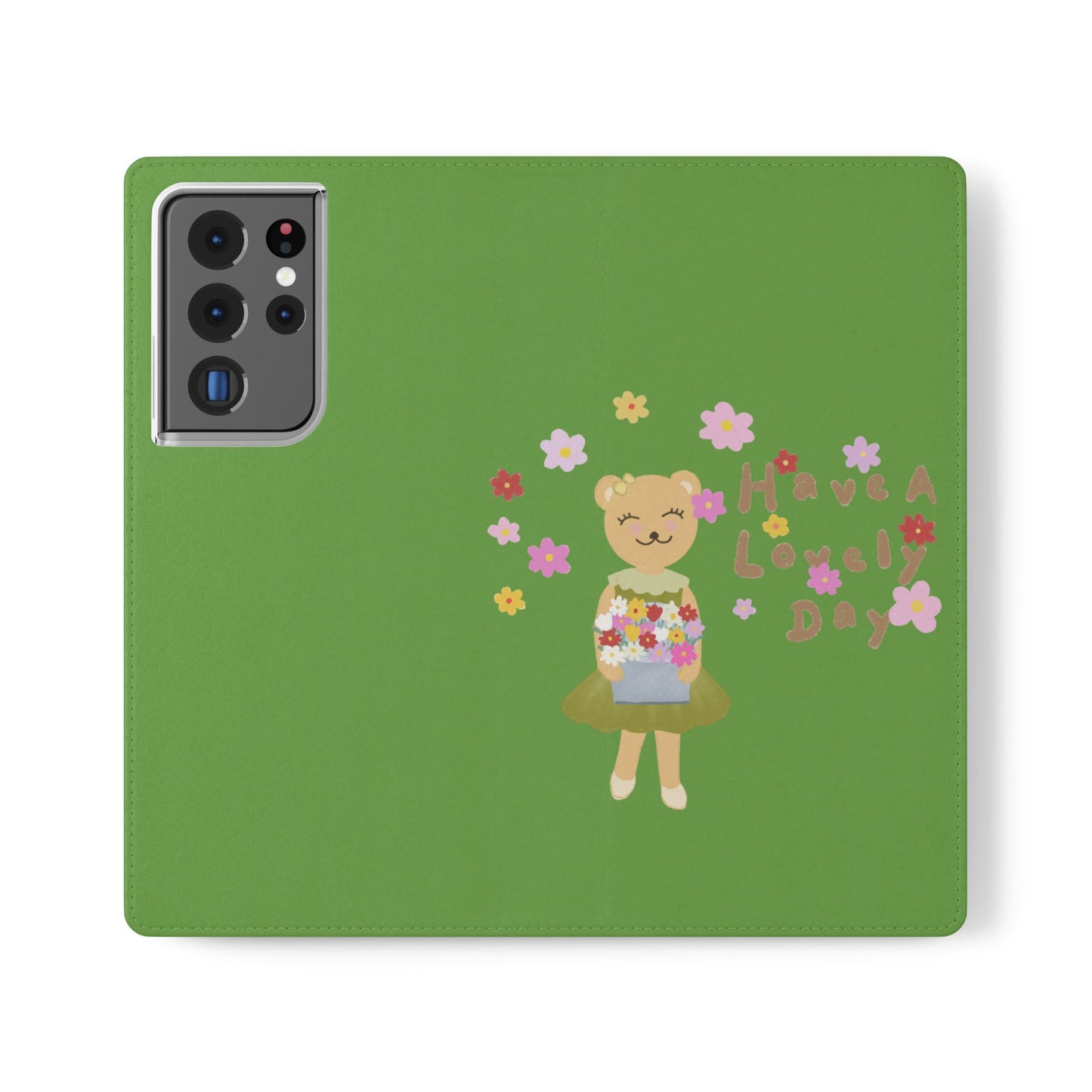 Lovely Day Flip Case for iPhone & Samsung - Cute Floral Bear Design (Green)