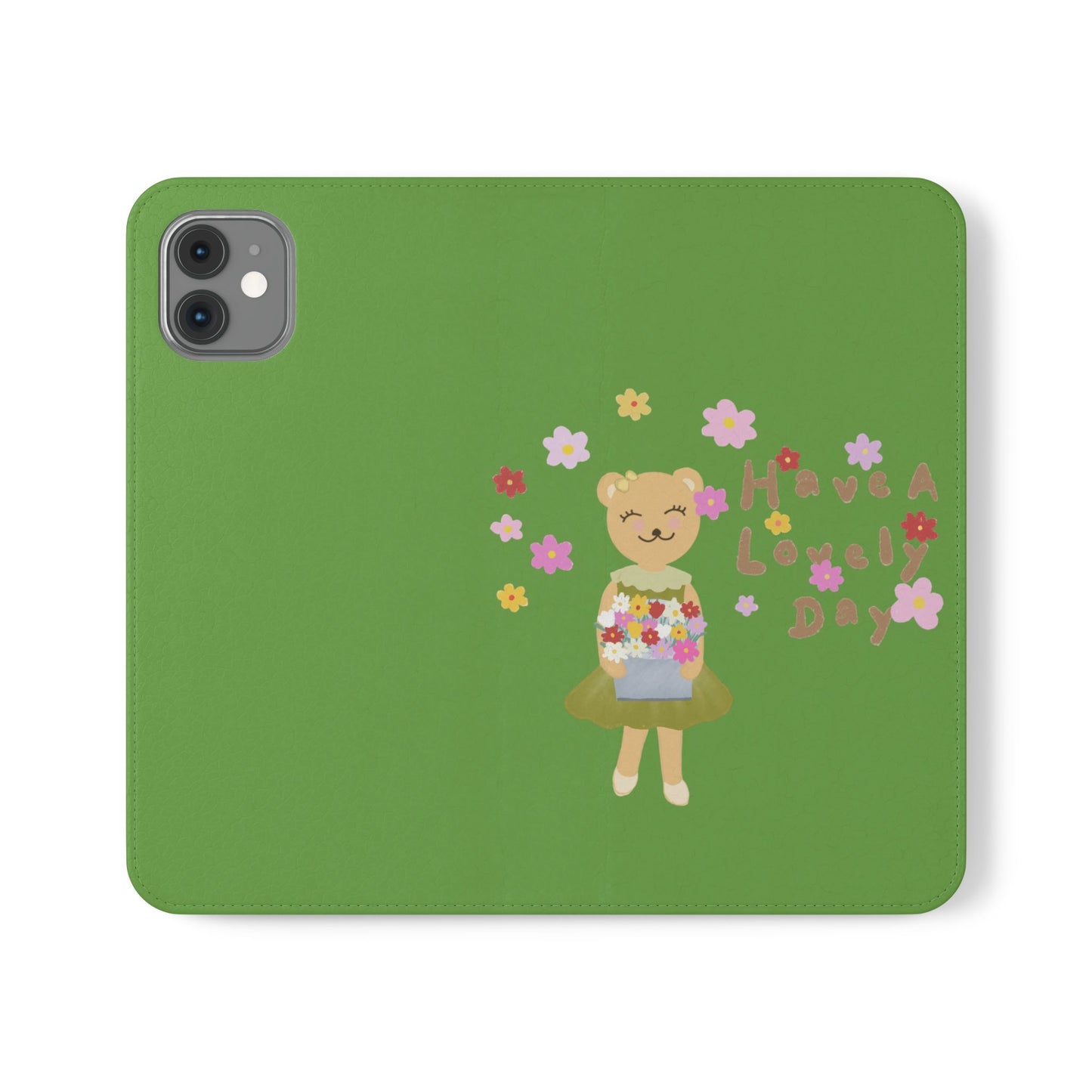 Lovely Day Flip Case for iPhone & Samsung - Cute Floral Bear Design (Green)
