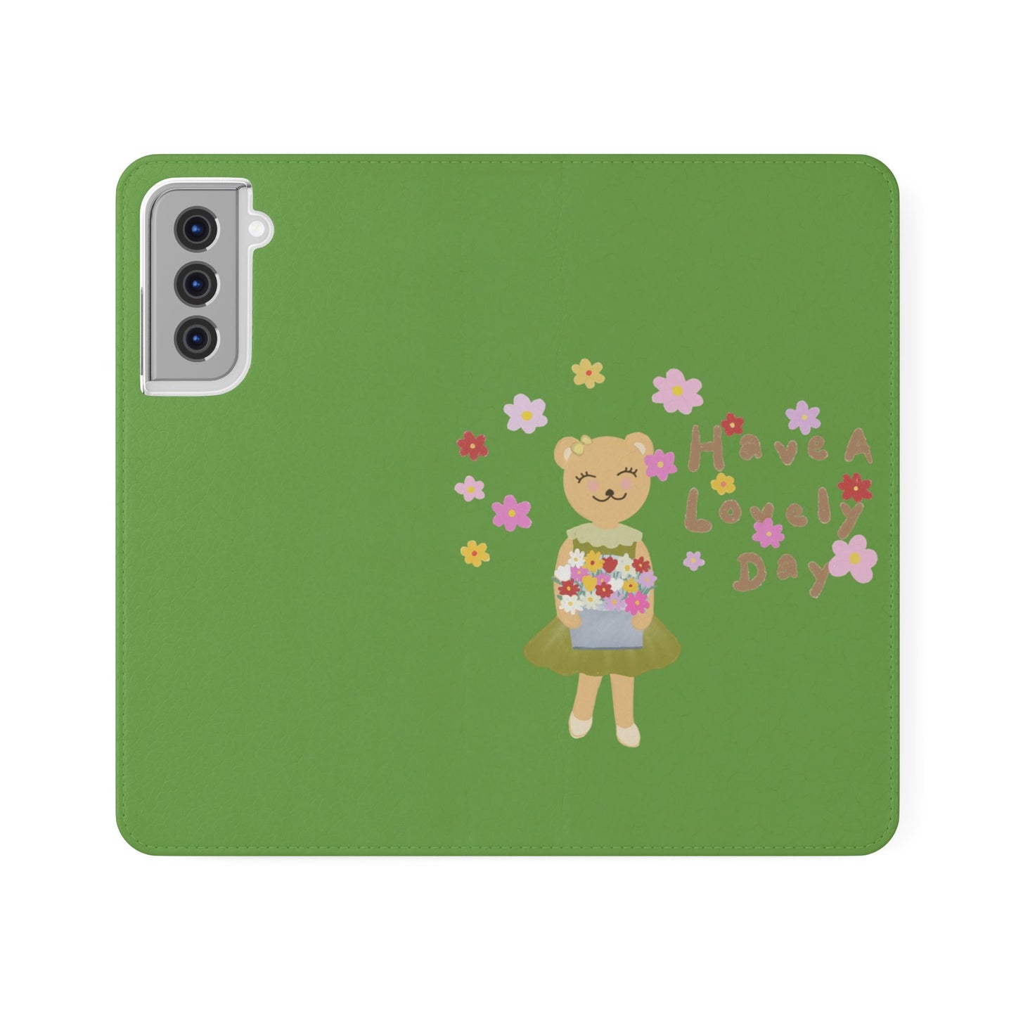 Lovely Day Flip Case for iPhone & Samsung - Cute Floral Bear Design (Green)