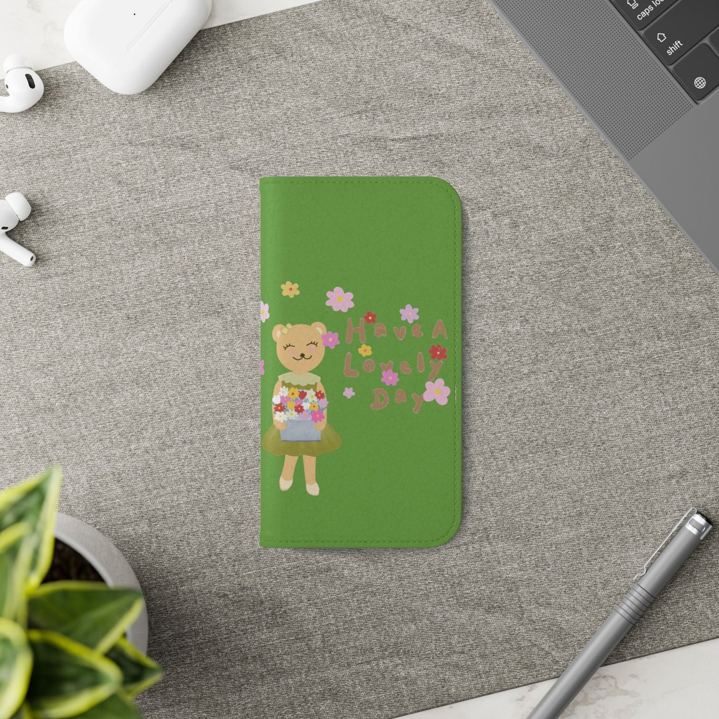 Lovely Day Flip Case for iPhone & Samsung - Cute Floral Bear Design (Green)