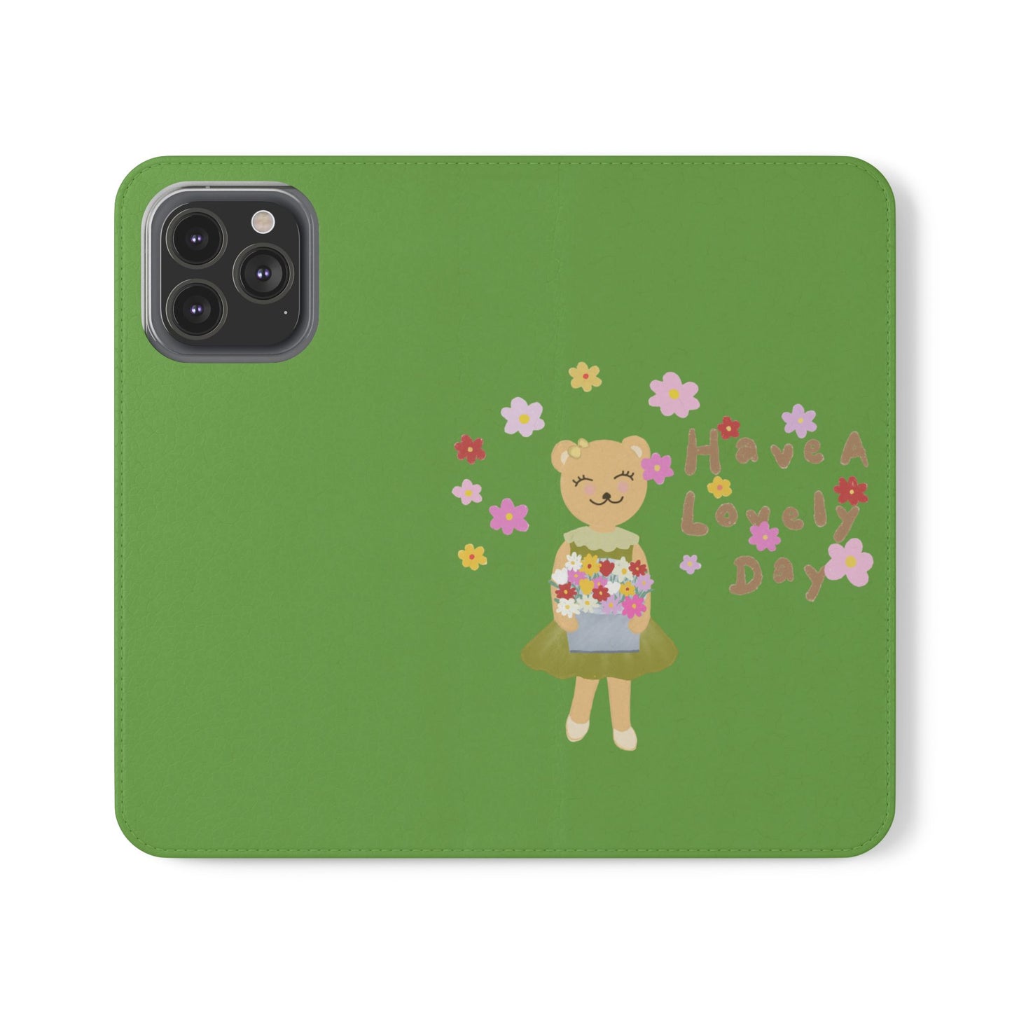 Lovely Day Flip Case for iPhone & Samsung - Cute Floral Bear Design (Green)