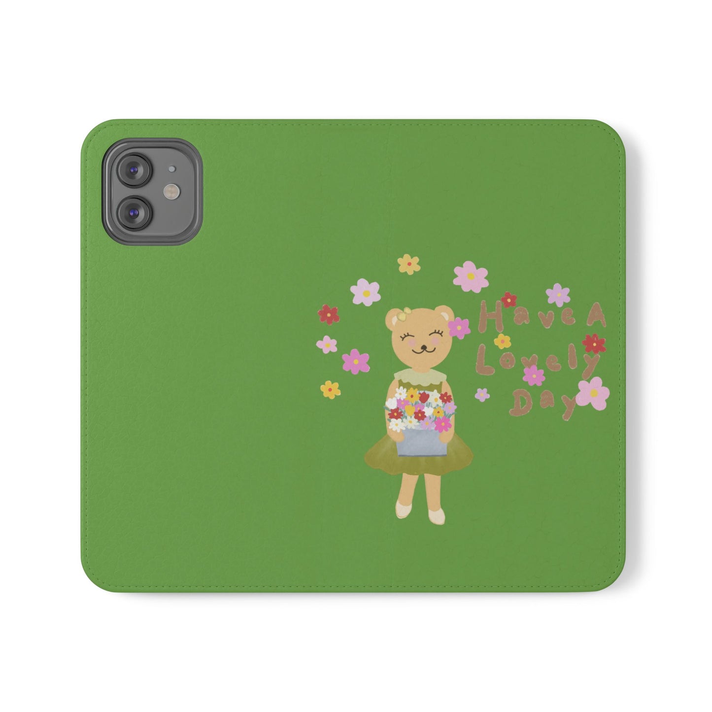 Lovely Day Flip Case for iPhone & Samsung - Cute Floral Bear Design (Green)