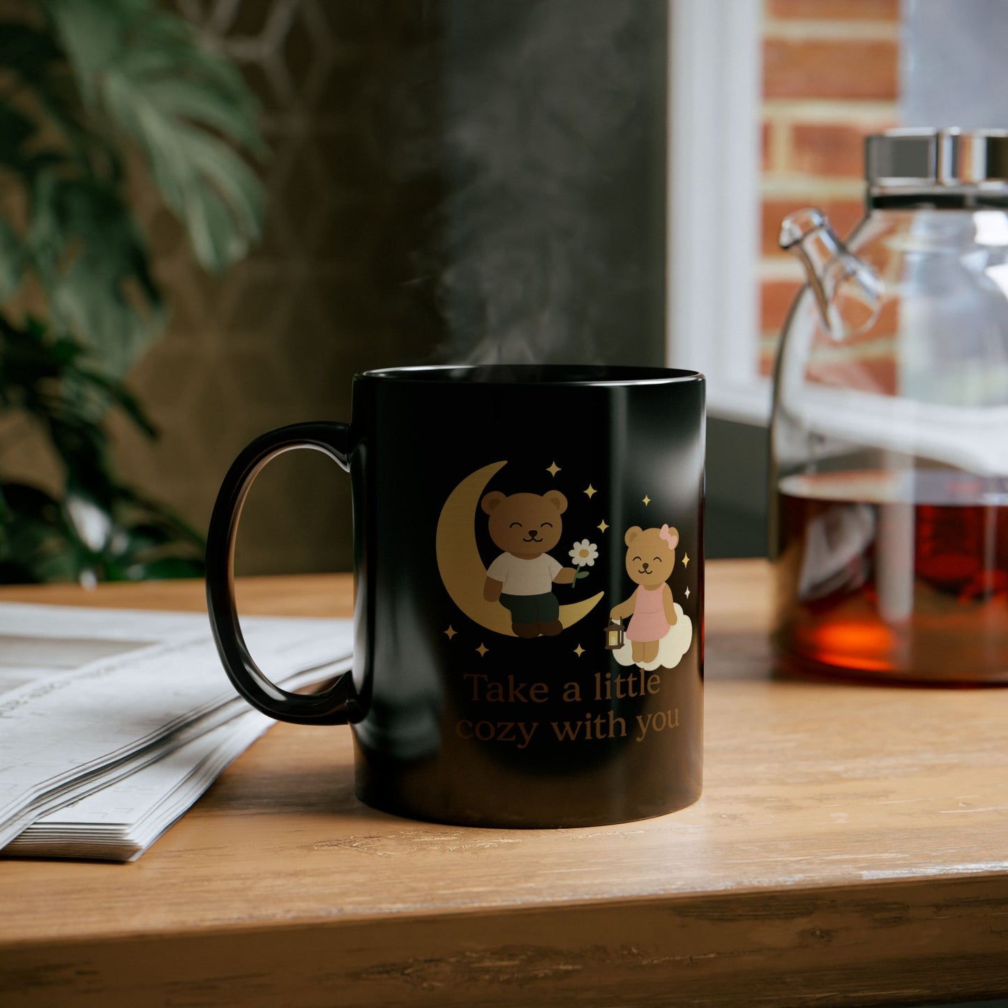 Soft Thoughts Mug – Cozy Black Coffee Cup with Uplifting Quote