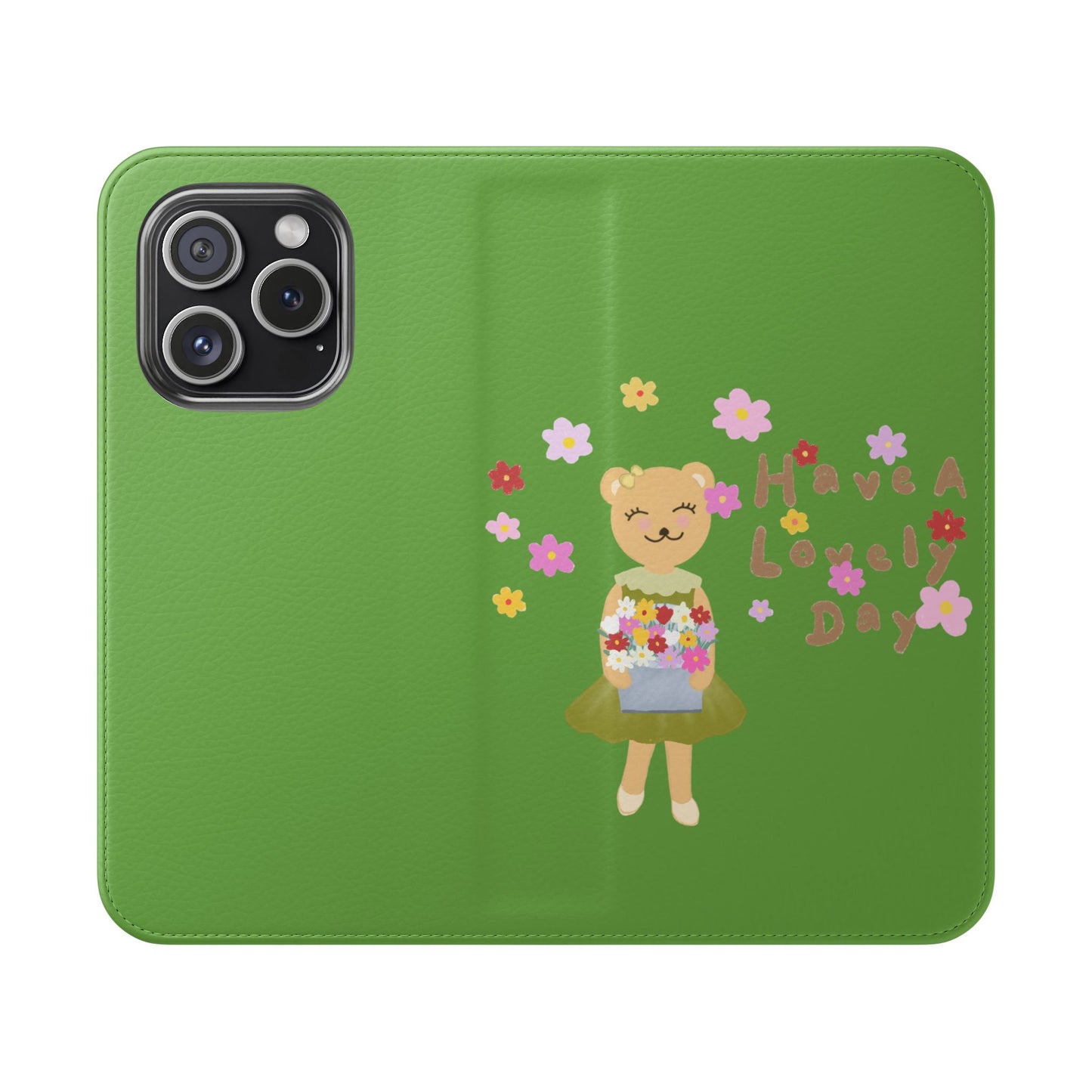 Lovely Day Flip Case for iPhone & Samsung - Cute Floral Bear Design (Green)
