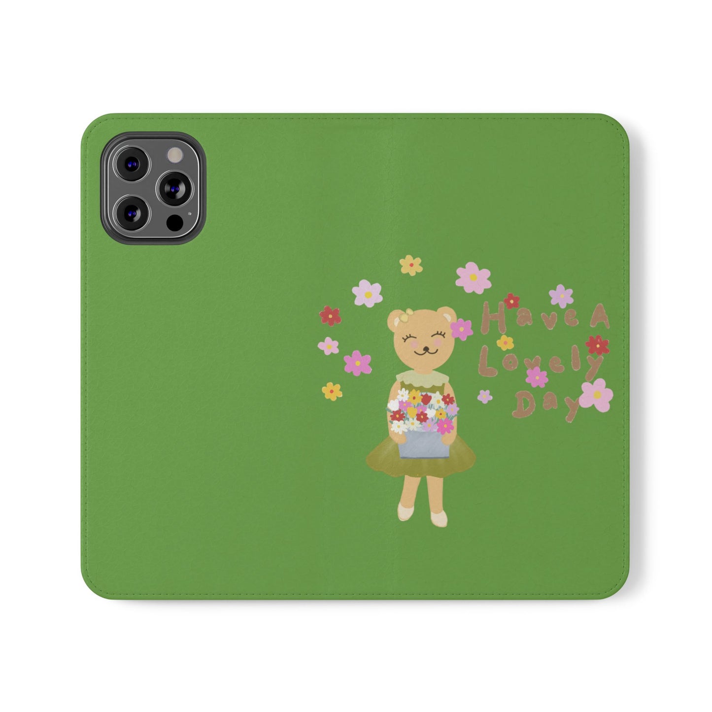 Lovely Day Flip Case for iPhone & Samsung - Cute Floral Bear Design (Green)