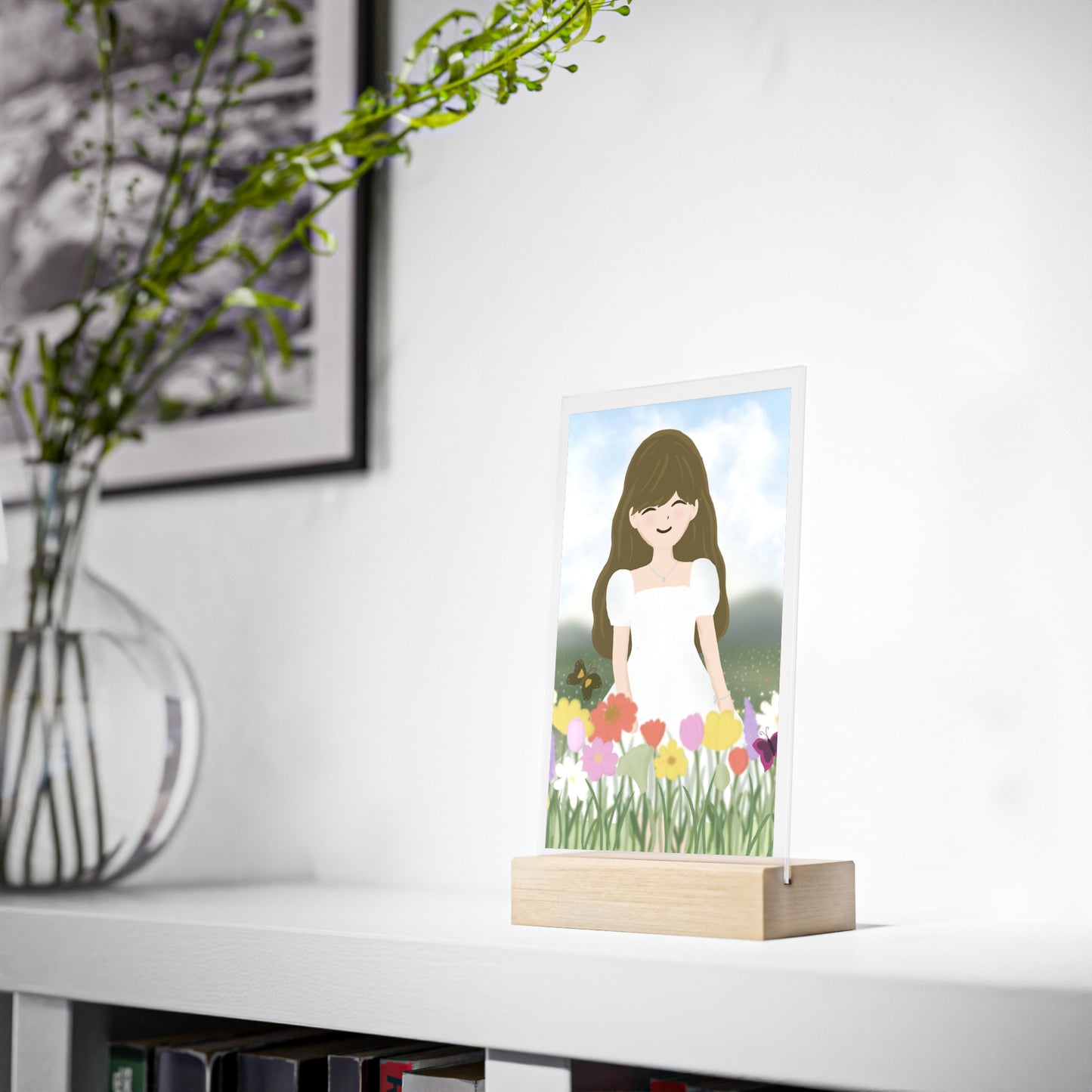 Whimsical Acrylic Sign with Wooden Stand - Floral Girl Design