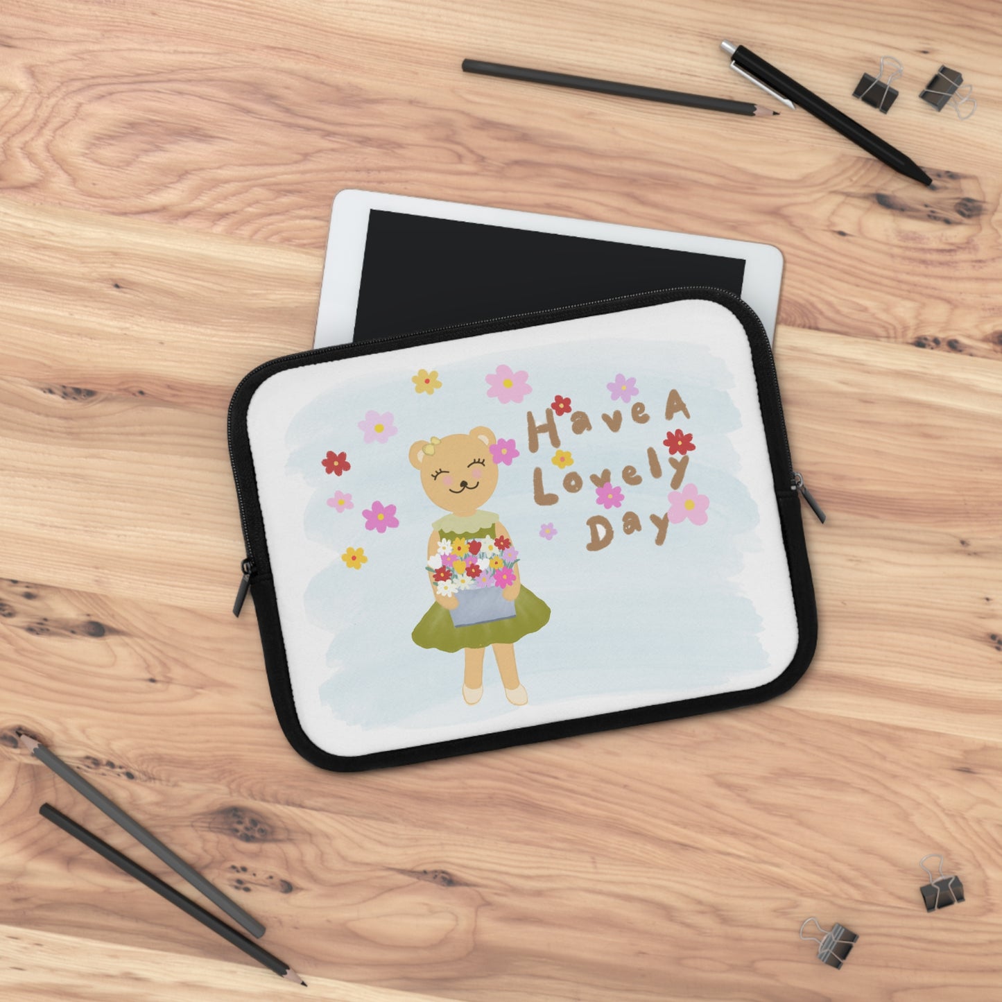 Cute Floral Bear Laptop Sleeve - "Have a Lovely Day"