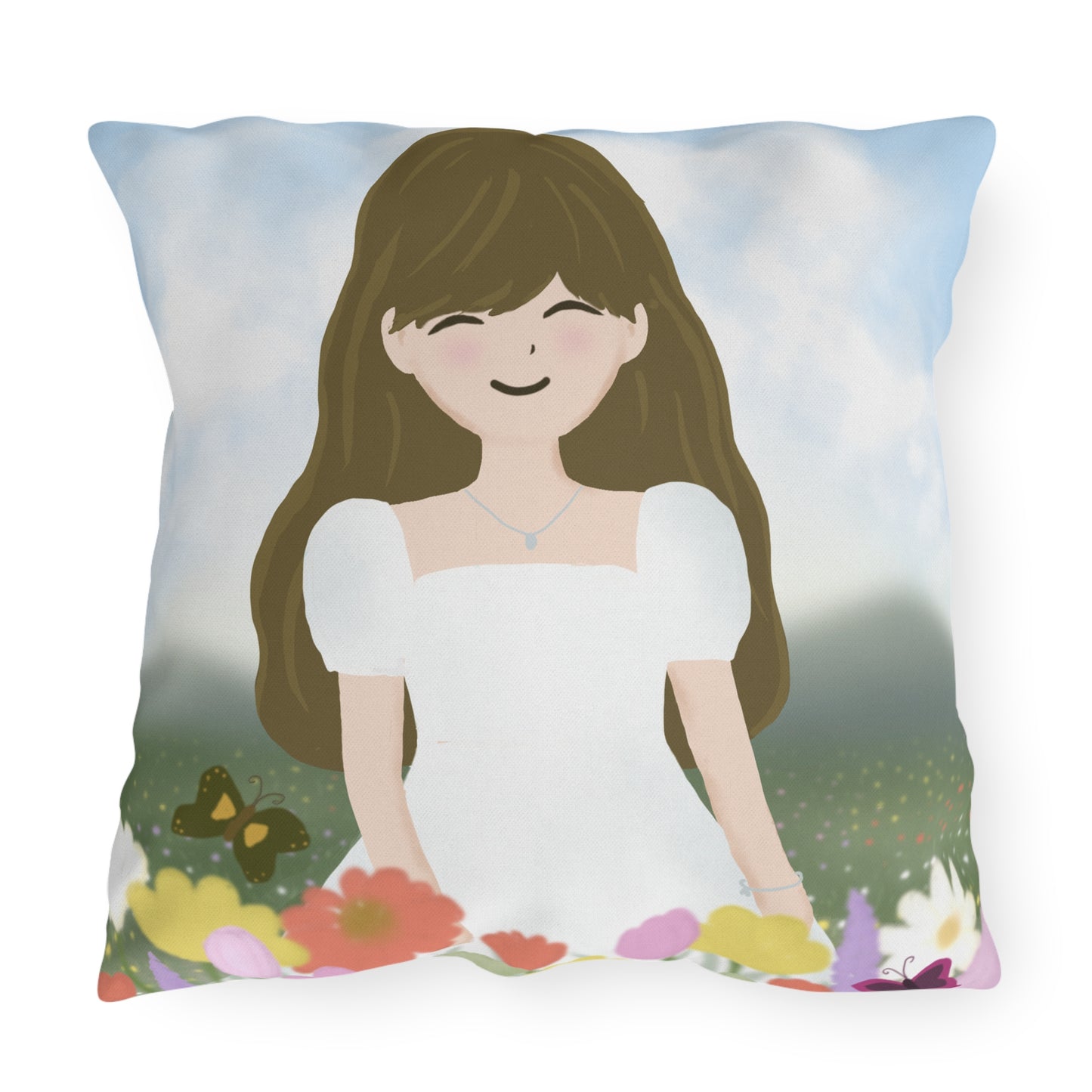 Whimsical Outdoor Patio Pillow - Floral Design with Happy Girl