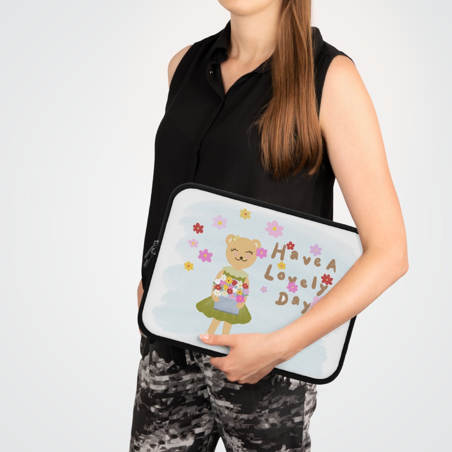 Cute Floral Bear Laptop Sleeve - "Have a Lovely Day"