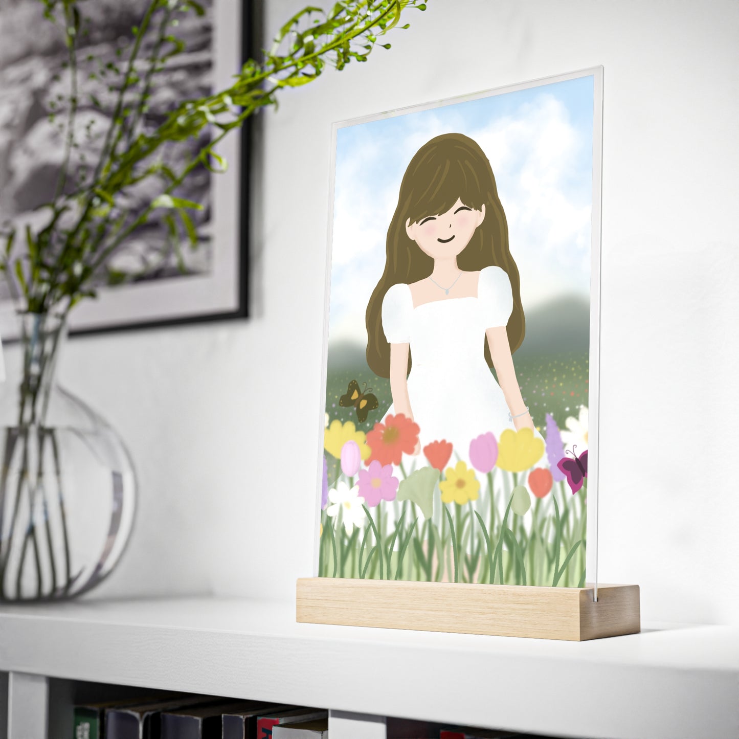 Whimsical Acrylic Sign with Wooden Stand - Floral Girl Design