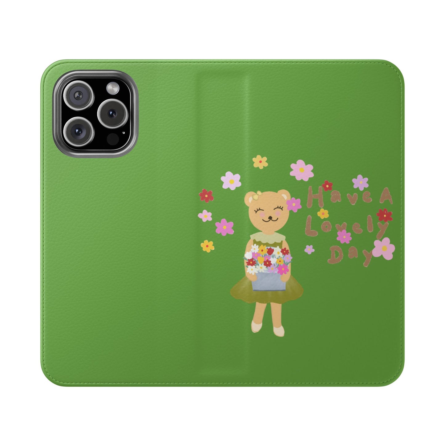 Lovely Day Flip Case for iPhone & Samsung - Cute Floral Bear Design (Green)