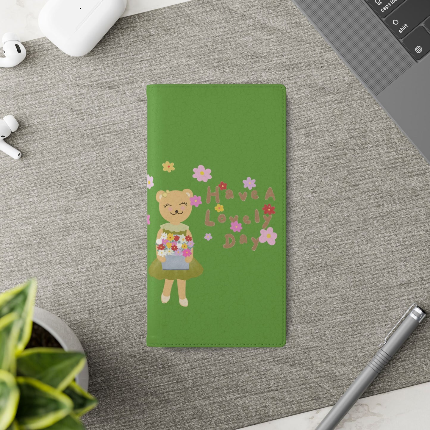 Lovely Day Flip Case for iPhone & Samsung - Cute Floral Bear Design (Green)