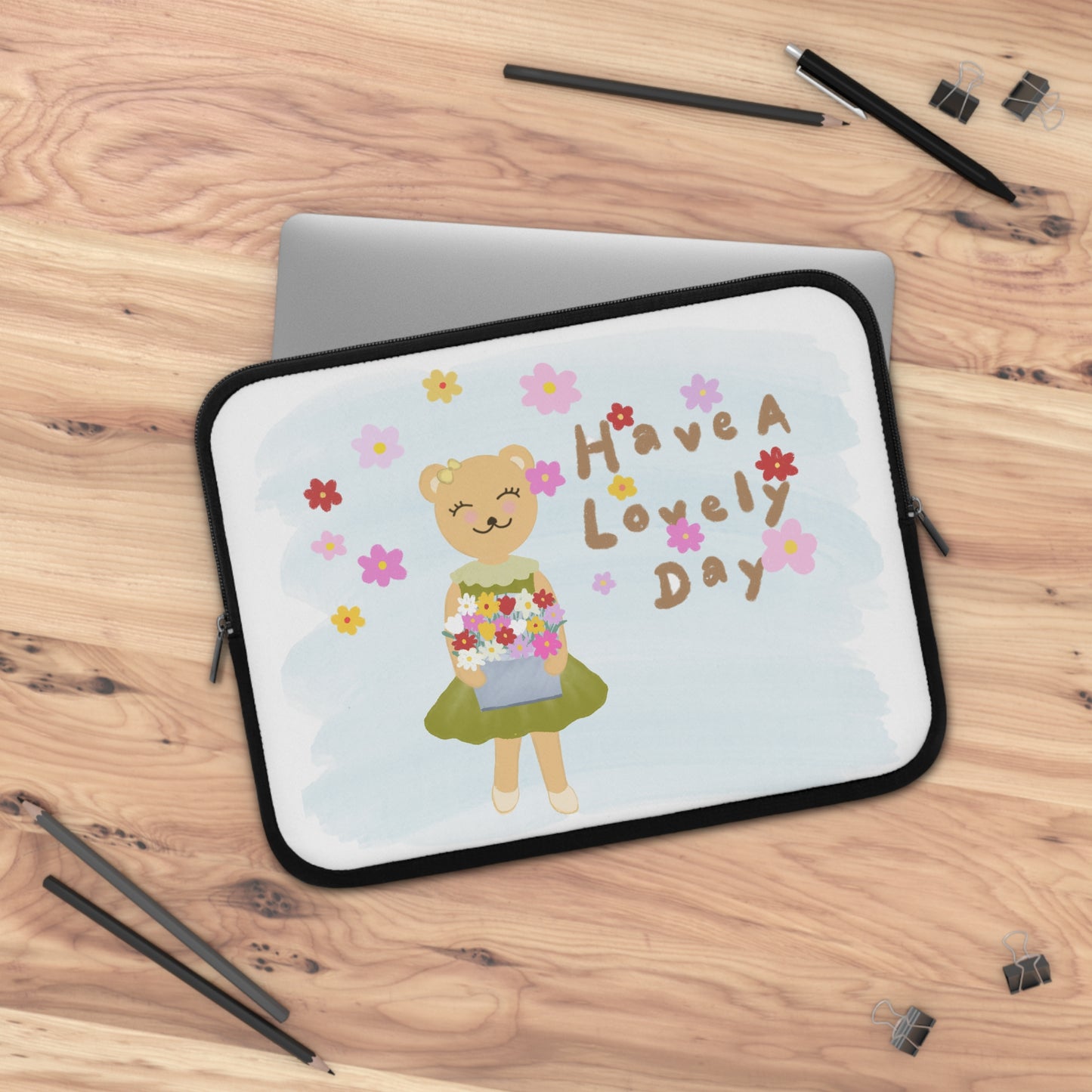 Cute Floral Bear Laptop Sleeve - "Have a Lovely Day"