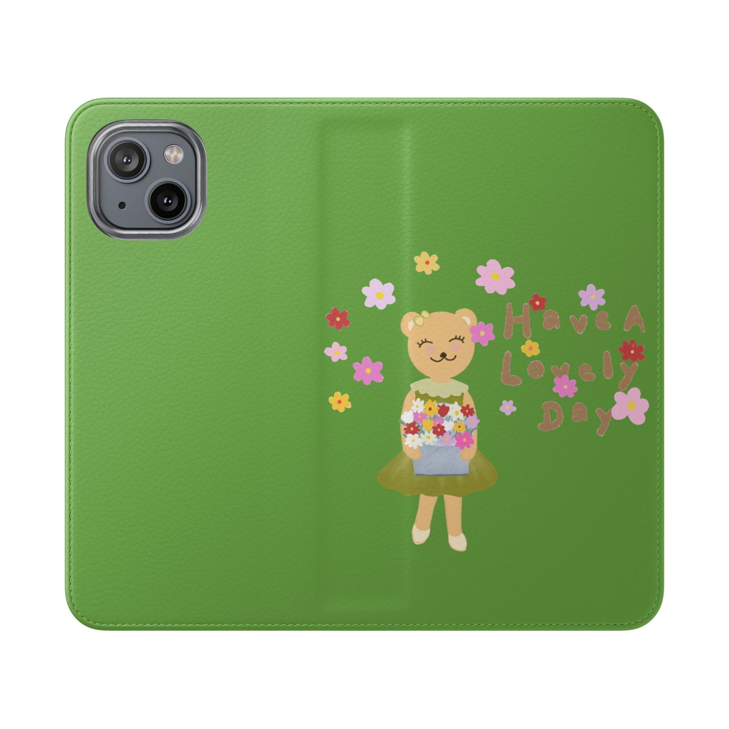 Lovely Day Flip Case for iPhone & Samsung - Cute Floral Bear Design (Green)