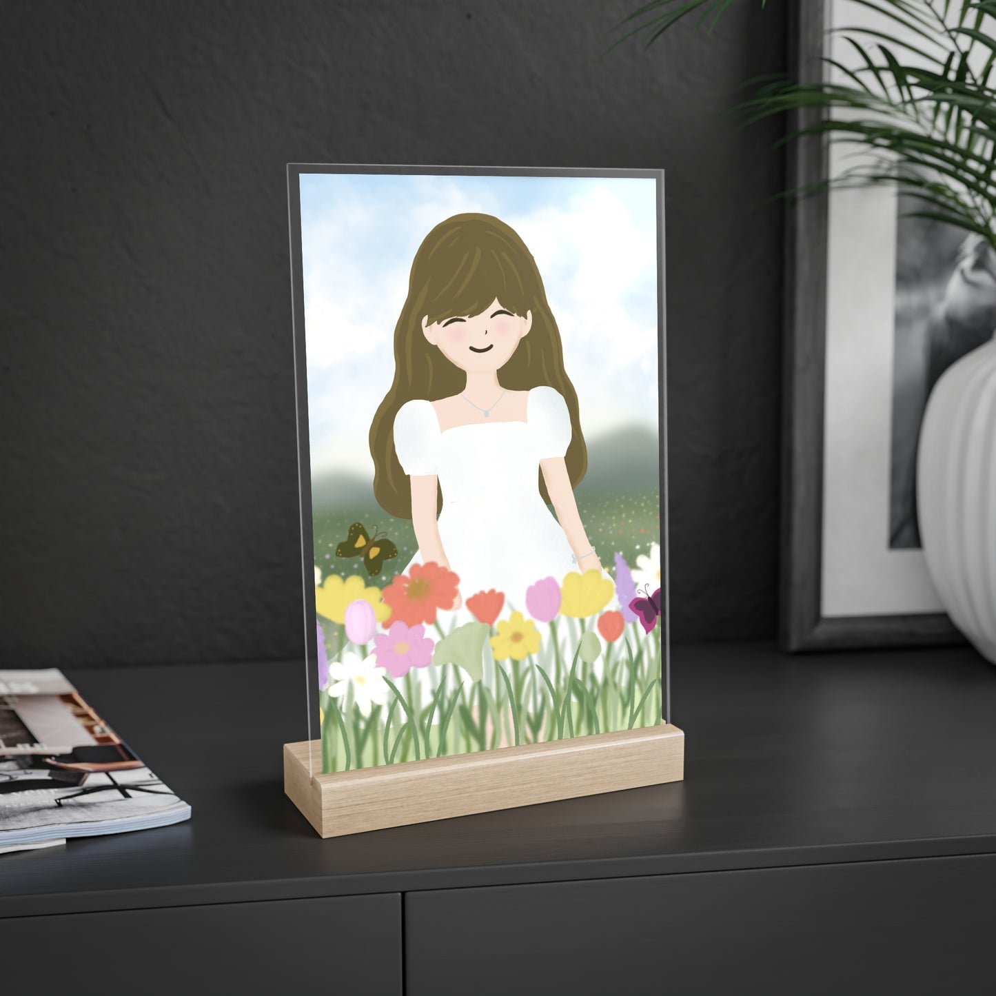 Whimsical Acrylic Sign with Wooden Stand - Floral Girl Design