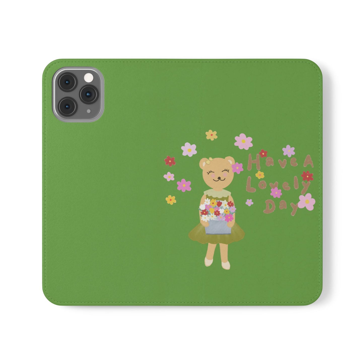 Lovely Day Flip Case for iPhone & Samsung - Cute Floral Bear Design (Green)