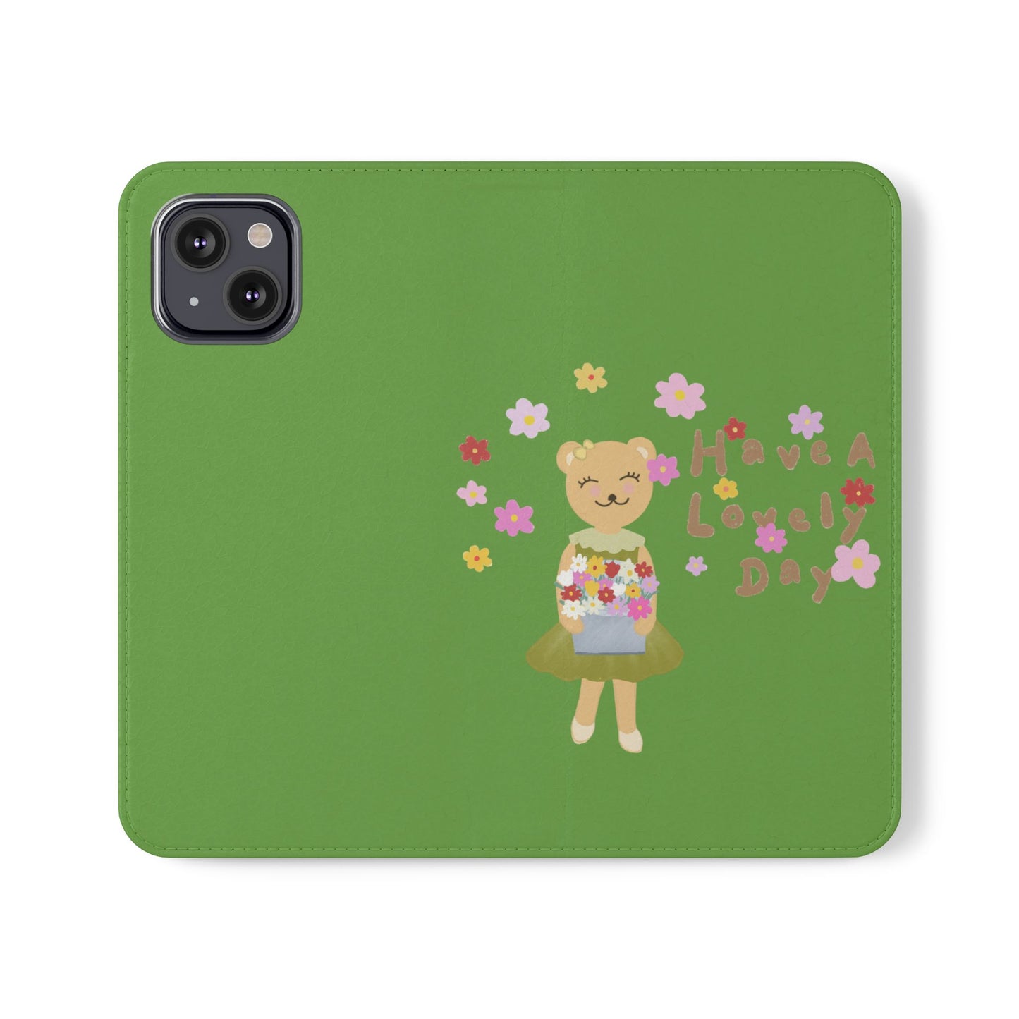 Lovely Day Flip Case for iPhone & Samsung - Cute Floral Bear Design (Green)