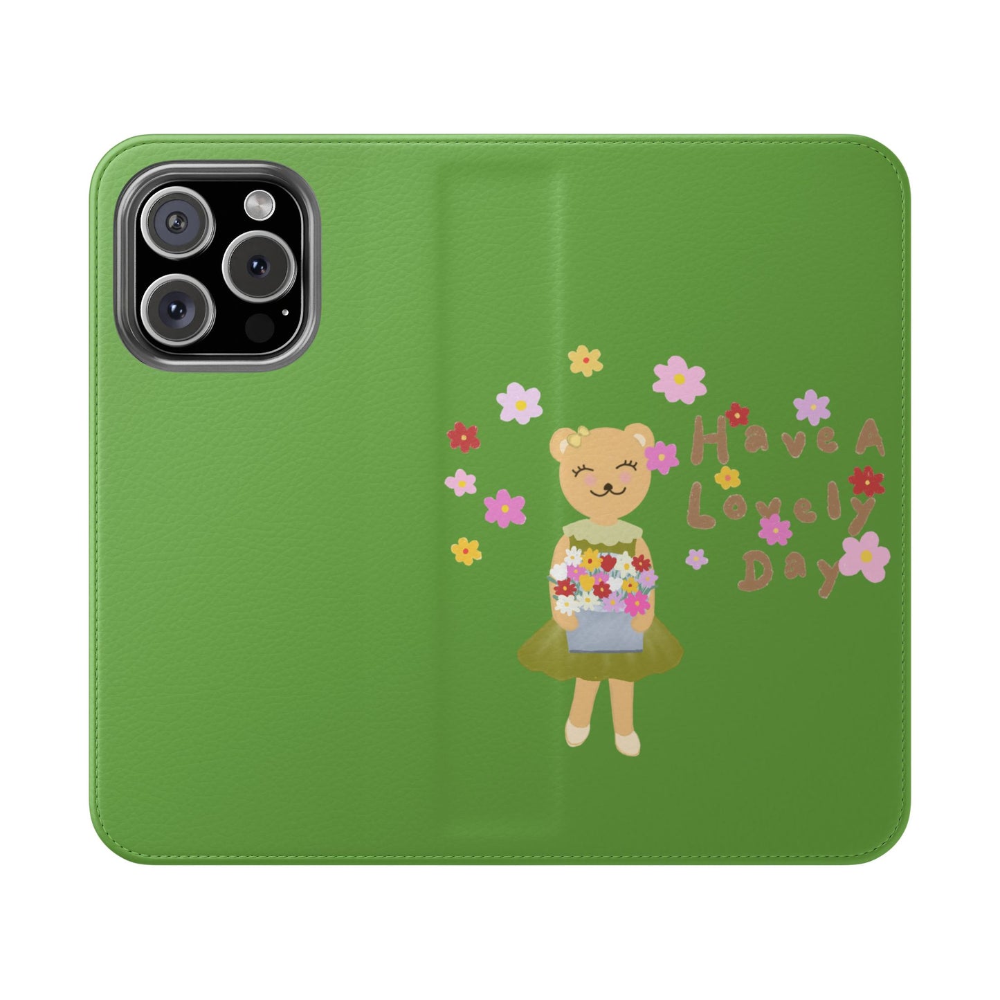 Lovely Day Flip Case for iPhone & Samsung - Cute Floral Bear Design (Green)