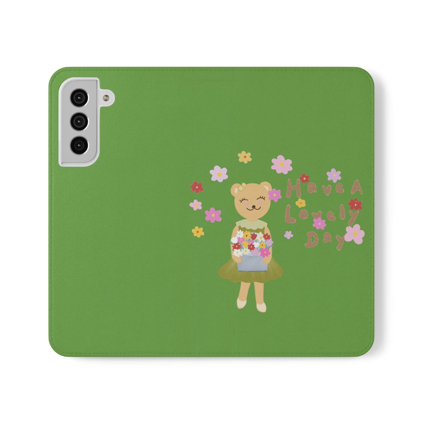 Lovely Day Flip Case for iPhone & Samsung - Cute Floral Bear Design (Green)