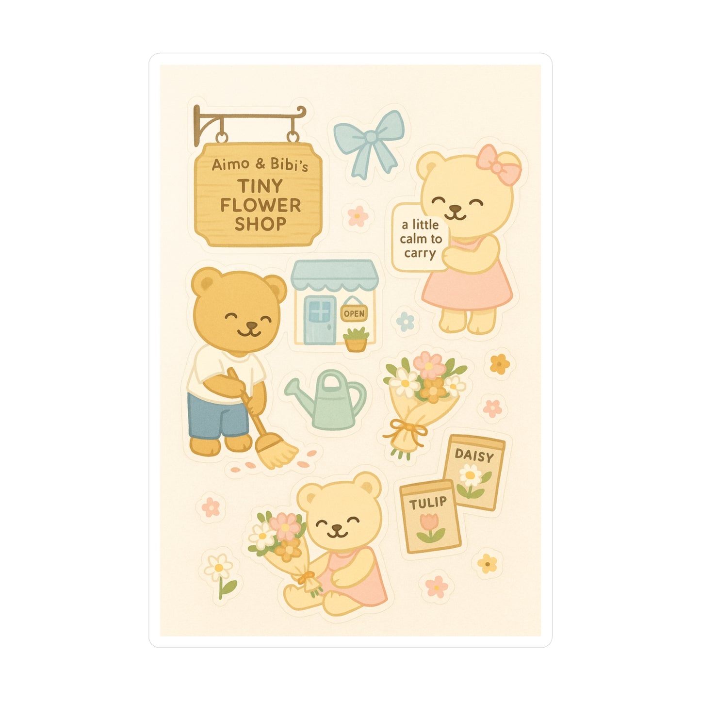 Tiny Flower Shop Bear Stickers – Cute Floral Kiss-Cut Vinyl Decals