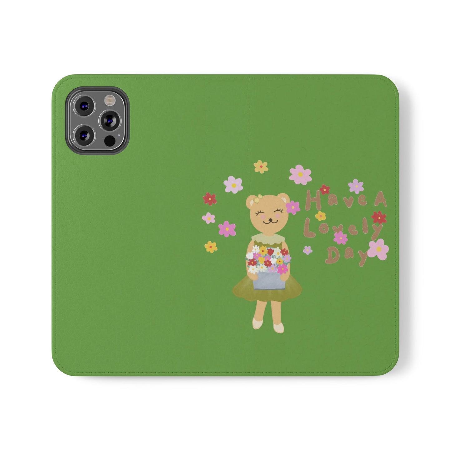 Lovely Day Flip Case for iPhone & Samsung - Cute Floral Bear Design (Green)