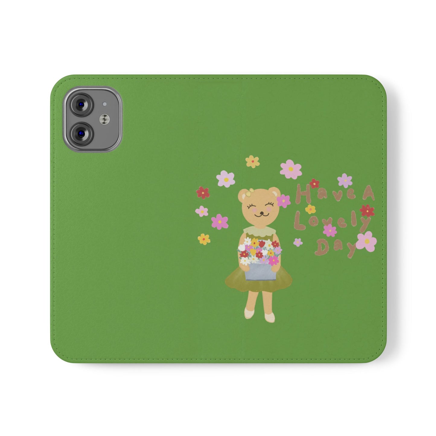 Lovely Day Flip Case for iPhone & Samsung - Cute Floral Bear Design (Green)