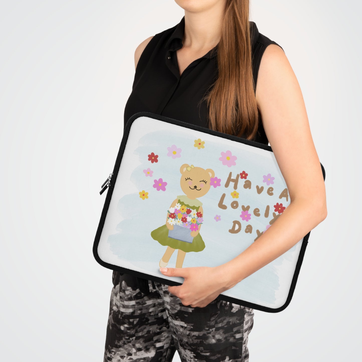 Cute Floral Bear Laptop Sleeve - "Have a Lovely Day"