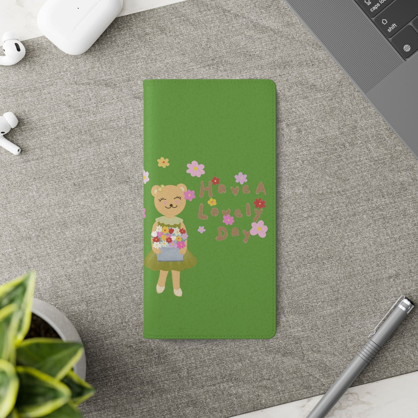 Lovely Day Flip Case for iPhone & Samsung - Cute Floral Bear Design (Green)