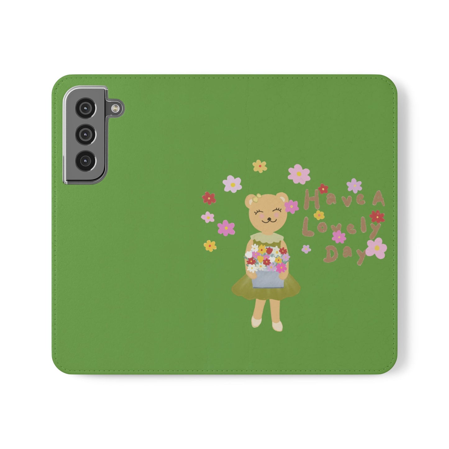 Lovely Day Flip Case for iPhone & Samsung - Cute Floral Bear Design (Green)
