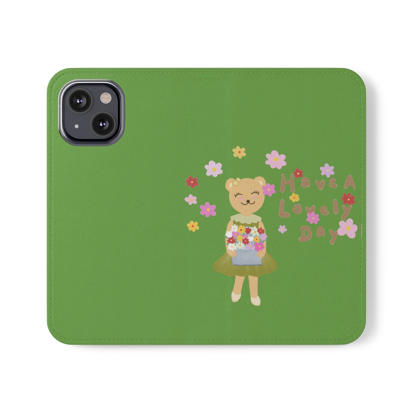 Lovely Day Flip Case for iPhone & Samsung - Cute Floral Bear Design (Green)
