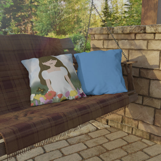 Whimsical Outdoor Patio Pillow - Floral Design with Happy Girl