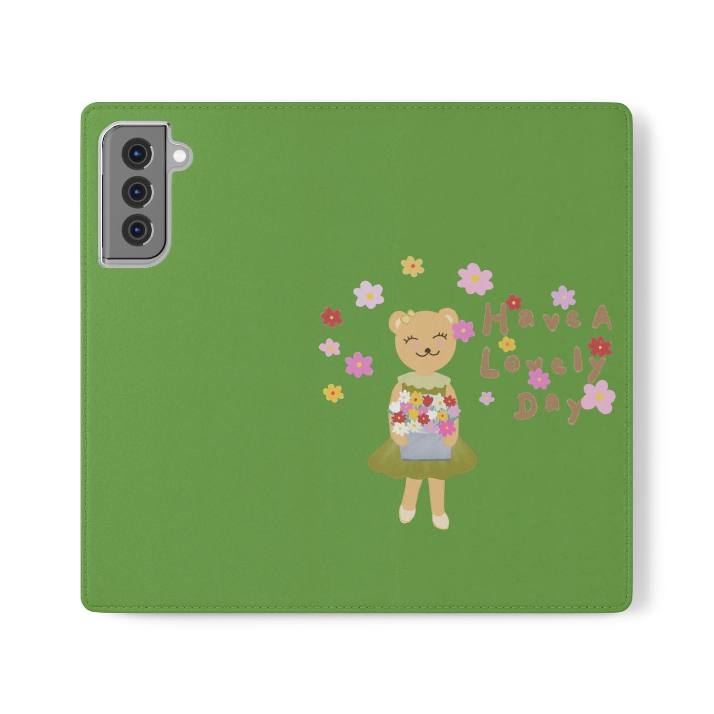 Lovely Day Flip Case for iPhone & Samsung - Cute Floral Bear Design (Green)